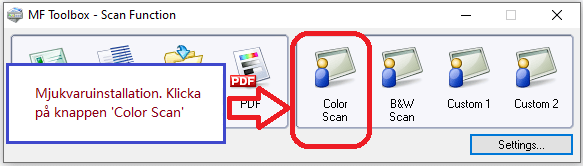 Mjukvaruinstallation. Klicka på knappen 'Color Scan'