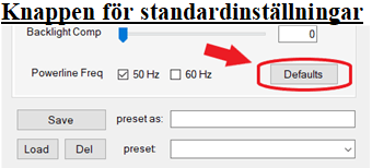 Knappen för standardinställningar