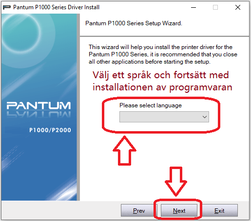 Välj ett språk och fortsätt med installationen av programvaran