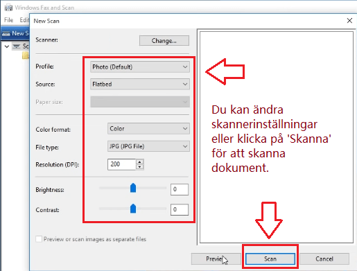 Du kan ändra skannarens inställningar eller klicka på Skanna för att skanna dokument