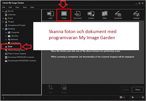 Skanna foton och dokument med programvara: 'My Image Garden'.