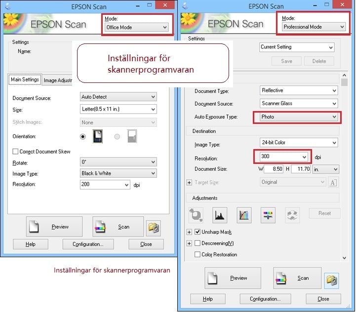 Inställningar för skannerprogramvaran