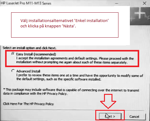 Välj installationsalternativet 'Enkel installation' och klicka på knappen 'Nästa'.