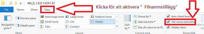 Klicka för att aktivera ”Filnamnstillägg”