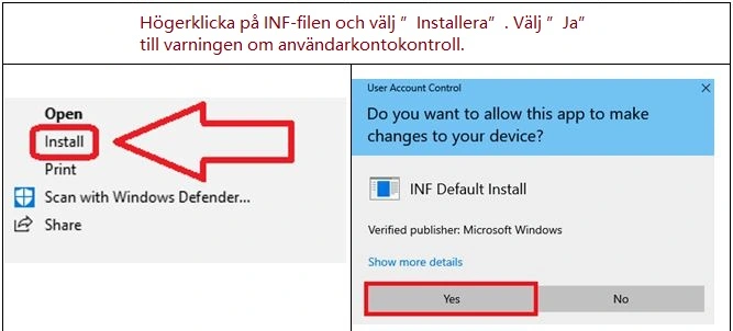 Hur man installerar föraren. Högerklicka på .INF-filen och välj Installera