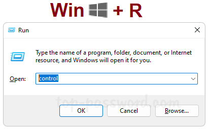 Tryck på Win + R på tangentbordet. Skriv control och tryck på Enter