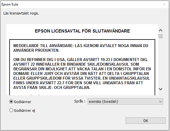 1. Skärmdumpar av installationsstegen för EPSON L18050 skrivardrivrutinen